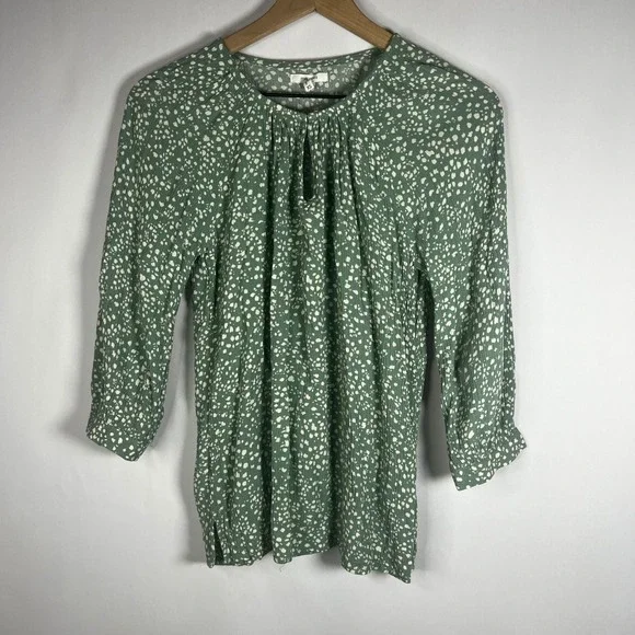 Maurices Shirt Women XS Green White Dot Print V-Neck Smocked Peasant Blouse Boho - Picture 3 of 9